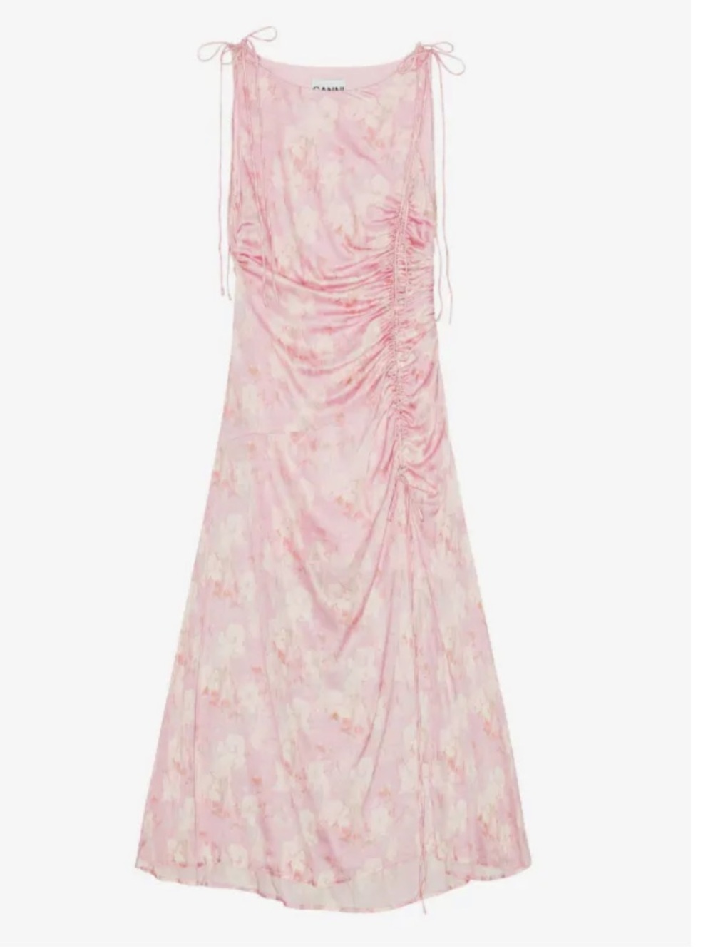 Ganni Pink Floral Ruched Tie-Shoulder Midi Dress, NWT
